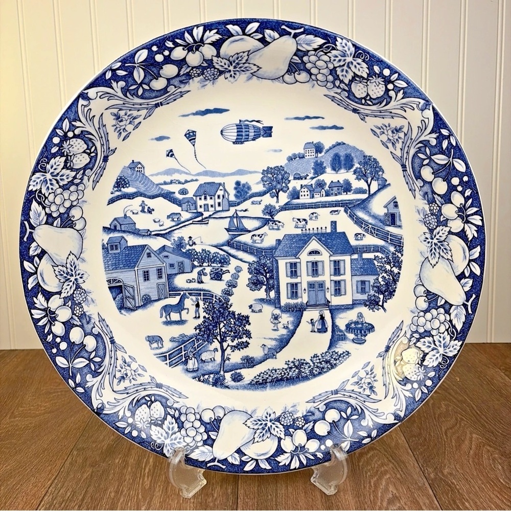 Sanyei Large Blue Transfer Ware Bowl Pacific Ocean Marushen Art  Japan 14" Farm
